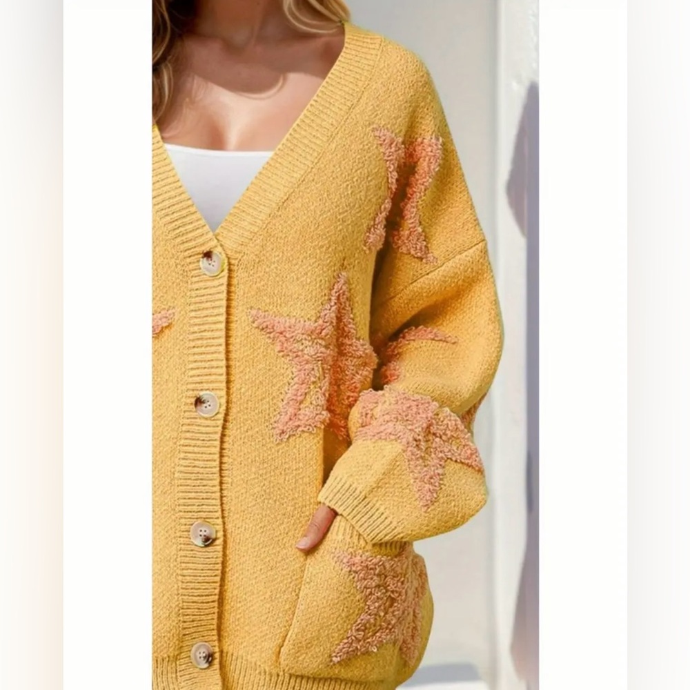 Yellow Star Patterned Chunky Cardigan Sweater - Picture 3 of 4